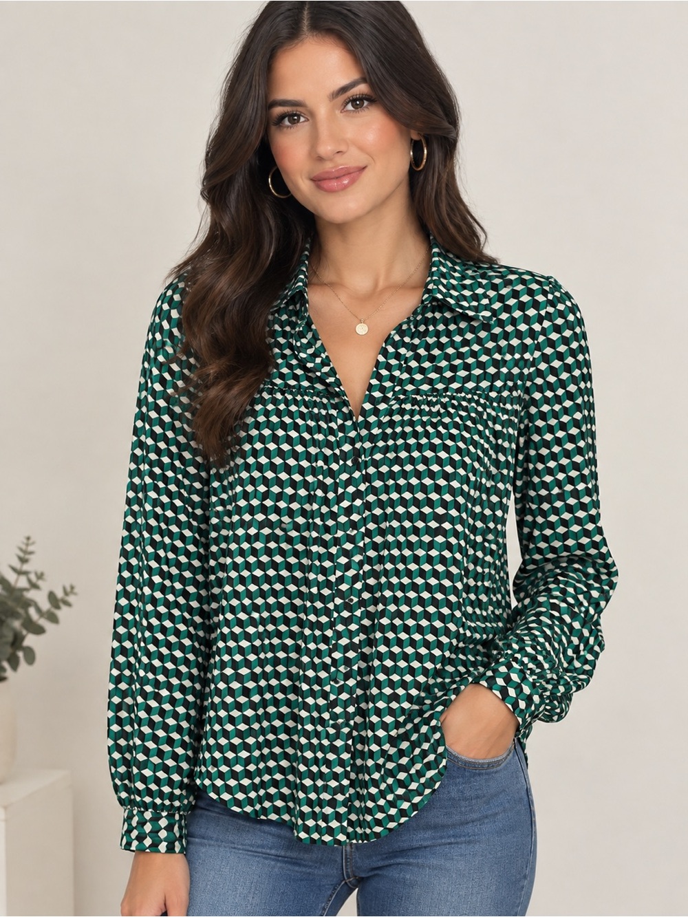 H&M Green Geometric Button-Down Shirt